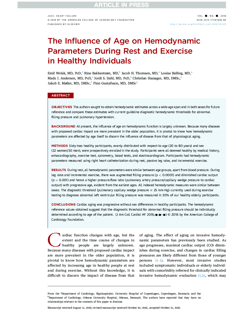 The Influence of Age on Hemodynamic Parameters During Rest andÂ Exercise inÂ Healthy Individuals
