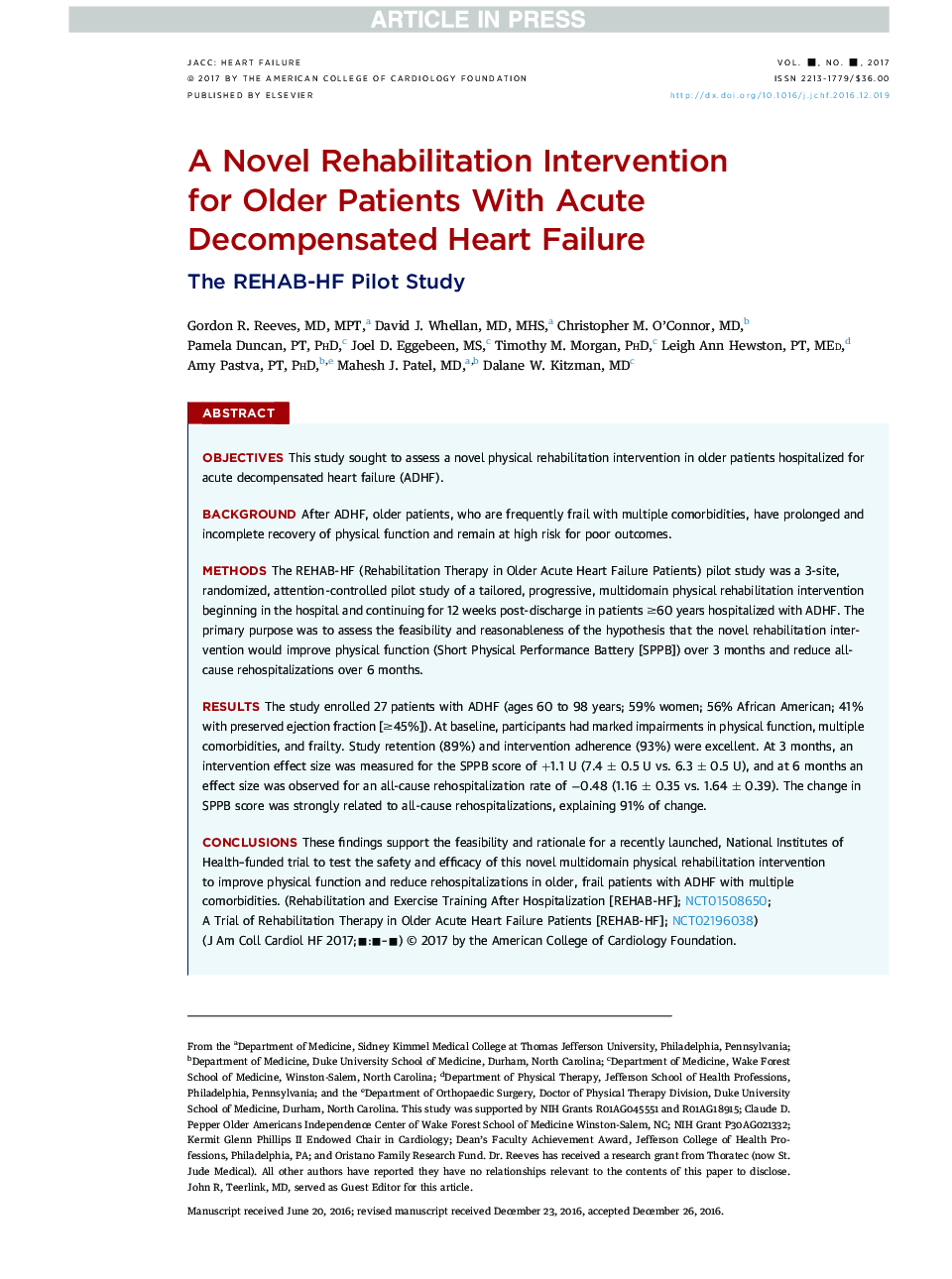 A Novel Rehabilitation Intervention forÂ Older Patients With AcuteÂ DecompensatedÂ Heart Failure