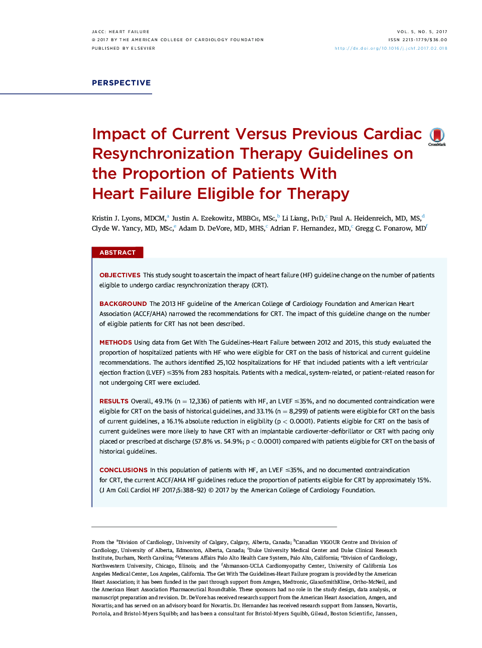 Impact of Current Versus Previous Cardiac Resynchronization Therapy Guidelines on the Proportion of Patients With HeartÂ Failure Eligible for Therapy