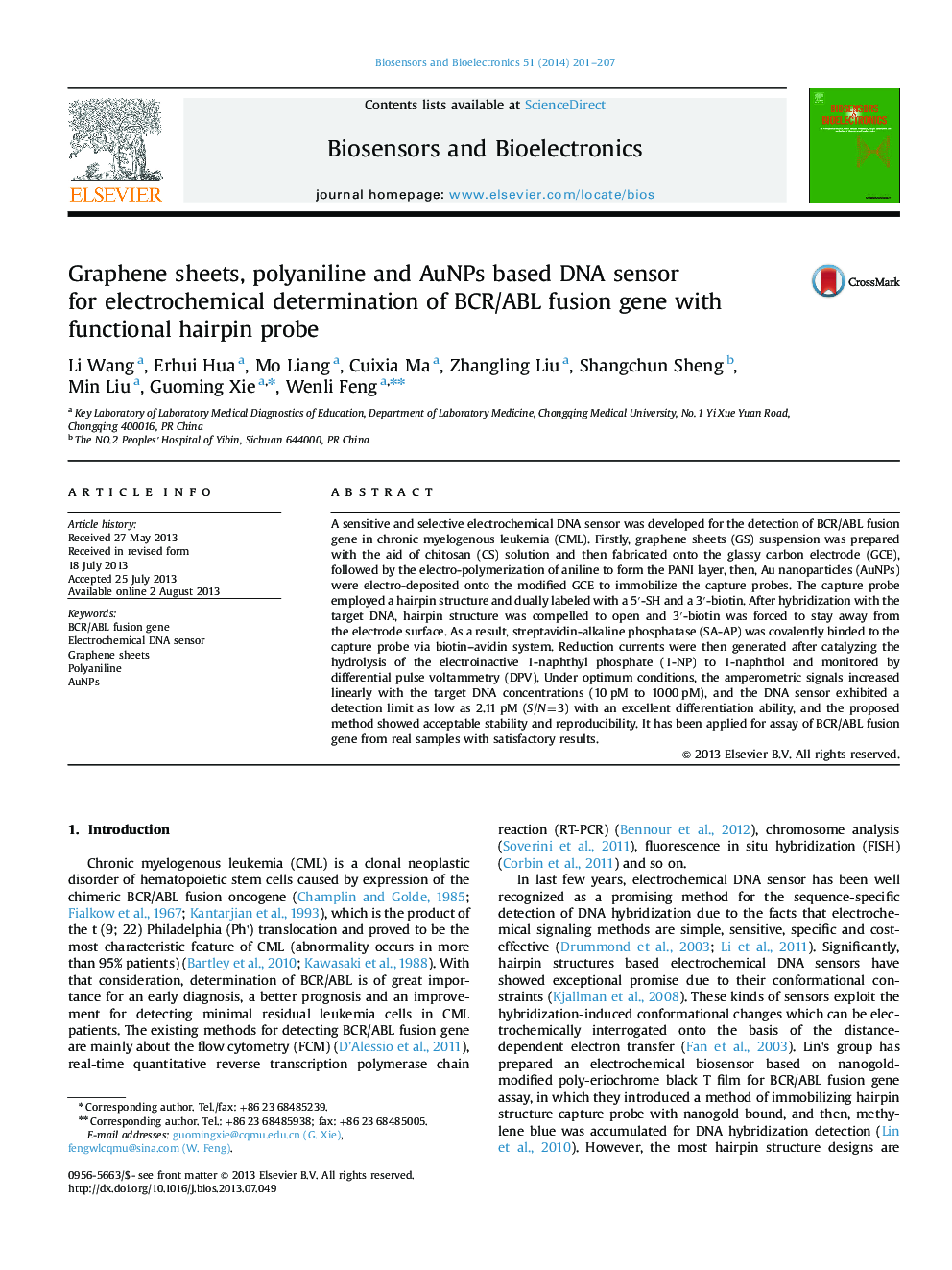 Graphene sheets, polyaniline and AuNPs based DNA sensor for electrochemical determination of BCR/ABL fusion gene with functional hairpin probe