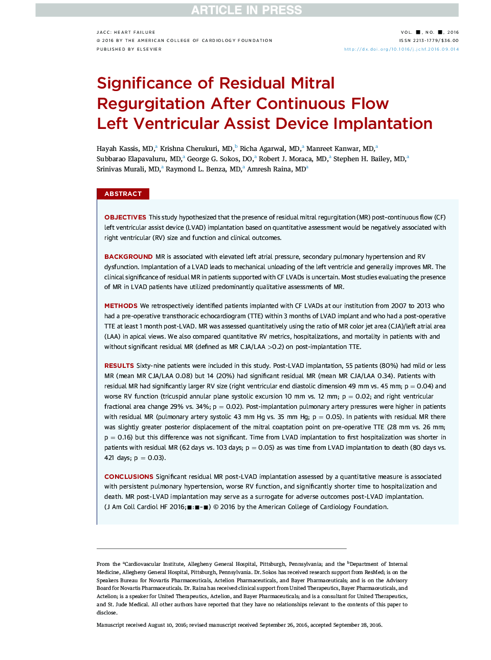 Significance of Residual Mitral Regurgitation After Continuous Flow LeftÂ Ventricular Assist Device Implantation