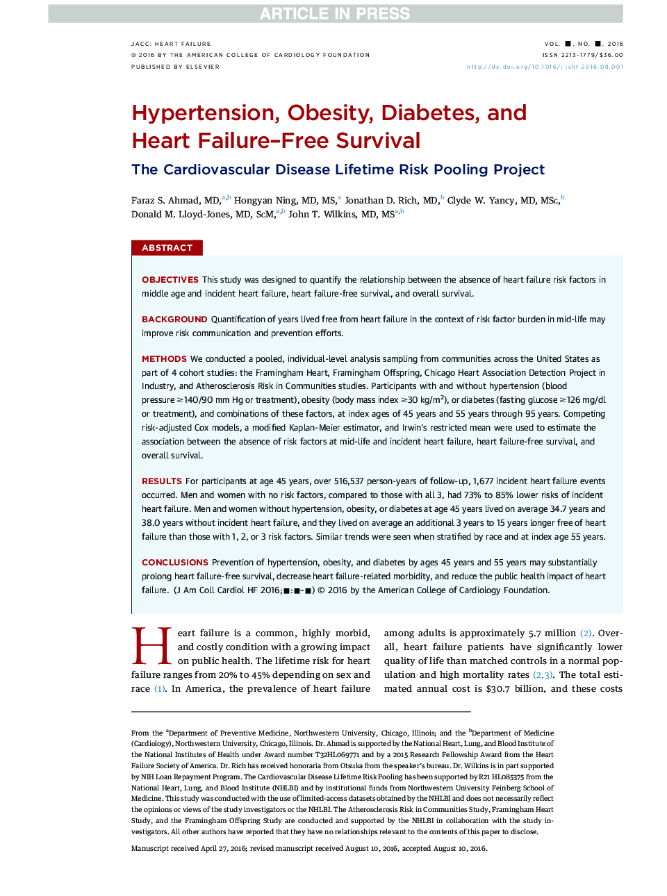 Hypertension, Obesity, Diabetes, andÂ HeartÂ Failure-Free Survival