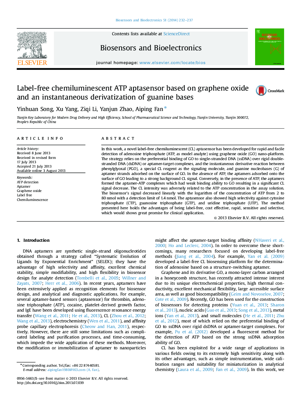 Label-free chemiluminescent ATP aptasensor based on graphene oxide and an instantaneous derivatization of guanine bases