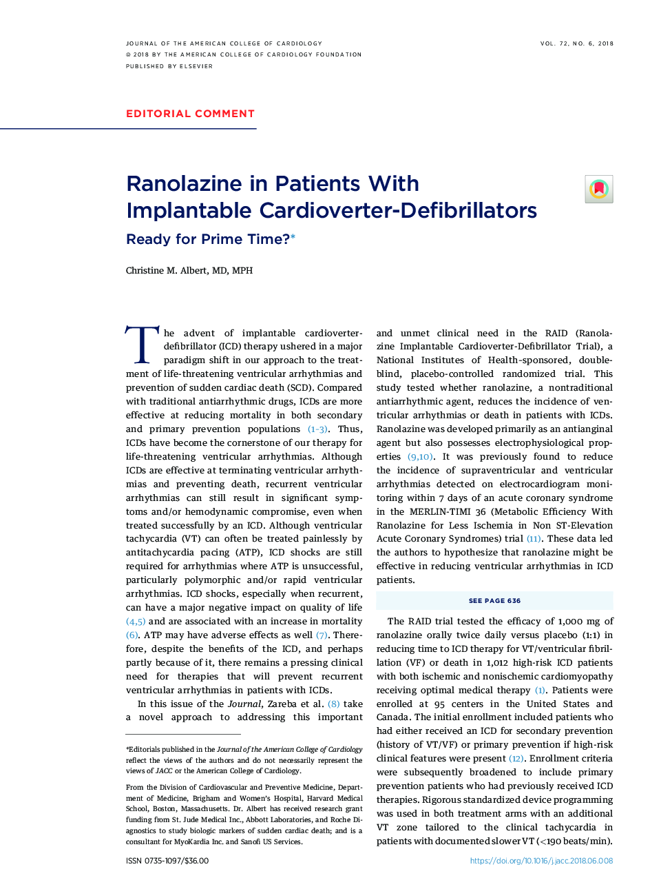 Ranolazine in Patients With ImplantableÂ Cardioverter-Defibrillators