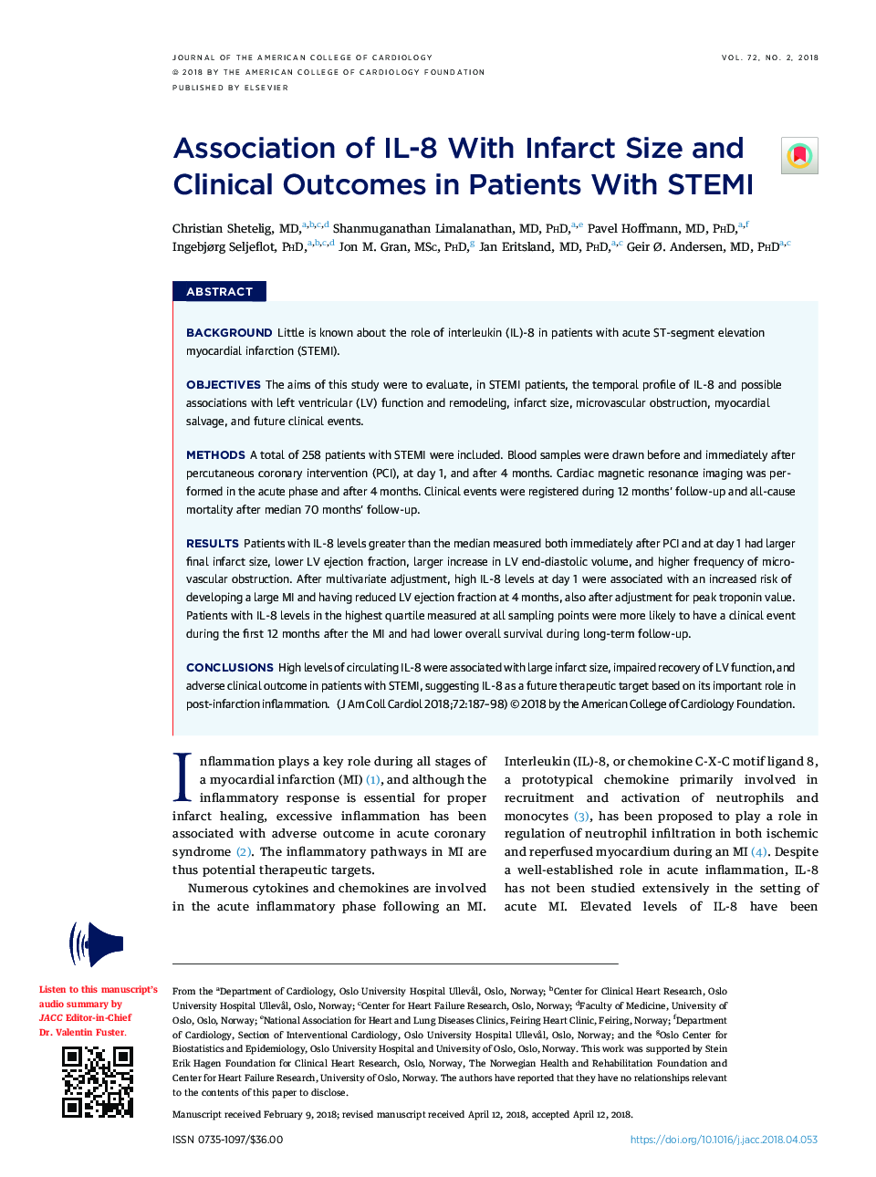 عکس صفحه اول مقاله: Association of IL-8 With Infarct Size and Clinical Outcomes in Patients With STEMI Association of IL-8 With Infarct Size and Clinical Outcomes in Patients With STEMI
