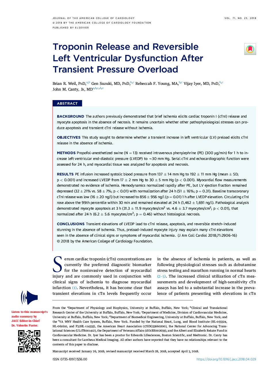 Troponin Release and Reversible LeftÂ Ventricular Dysfunction After Transient PressureÂ Overload