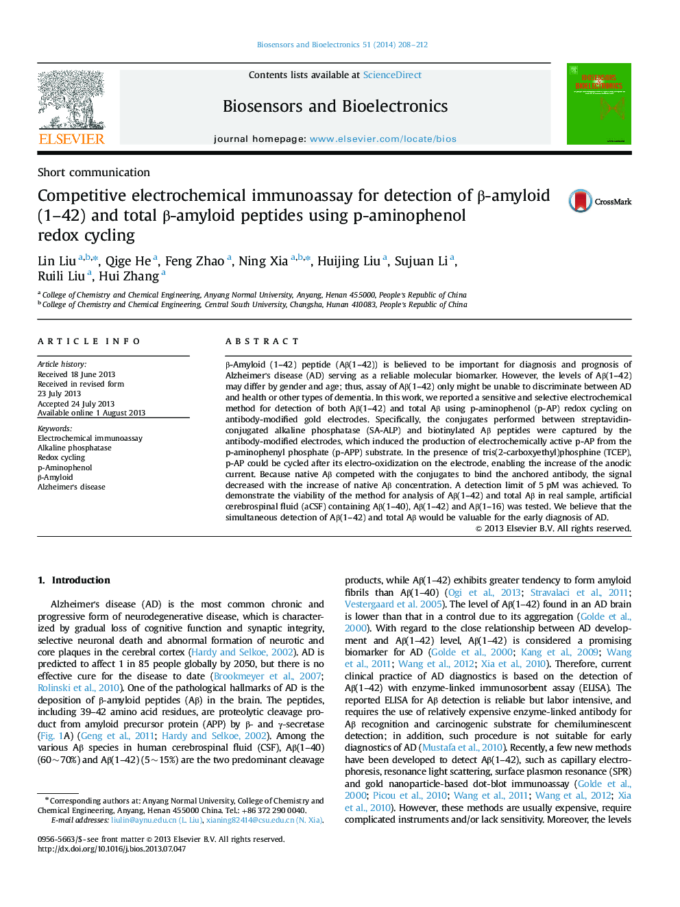 Competitive electrochemical immunoassay for detection of β-amyloid (1–42) and total β-amyloid peptides using p-aminophenol redox cycling