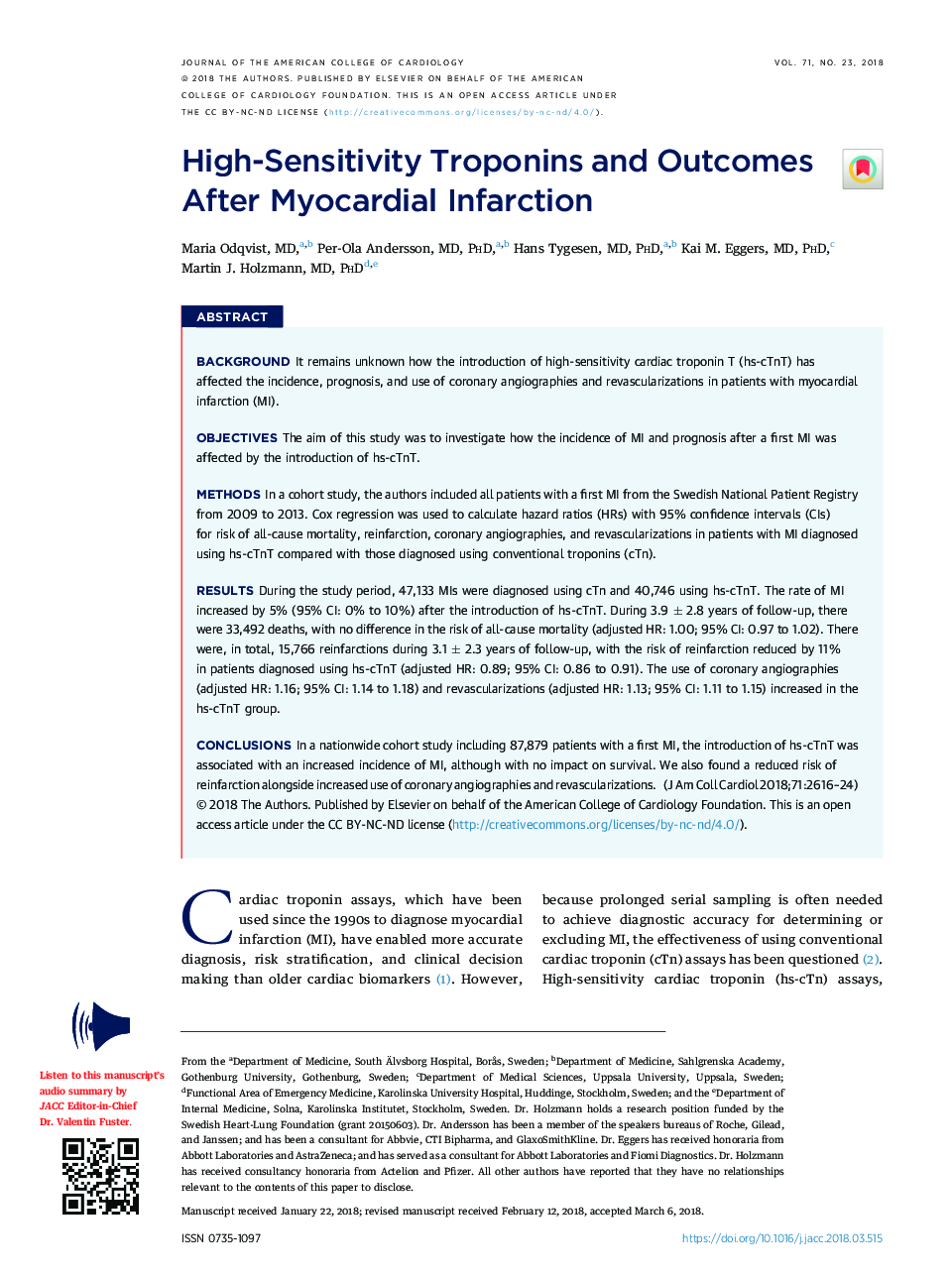 High-Sensitivity Troponins and Outcomes After Myocardial Infarction