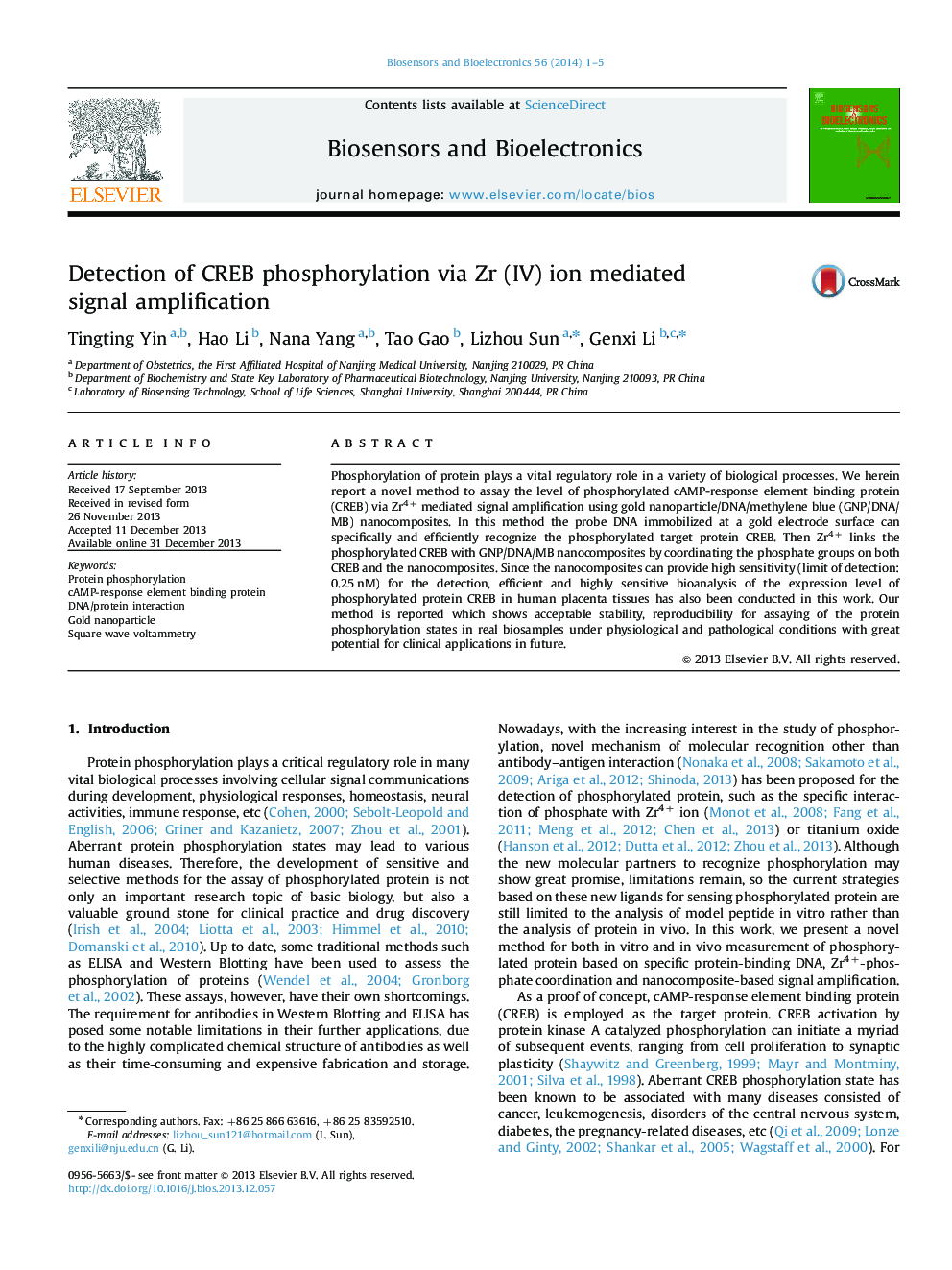 Detection of CREB phosphorylation via Zr (IV) ion mediated signal amplification
