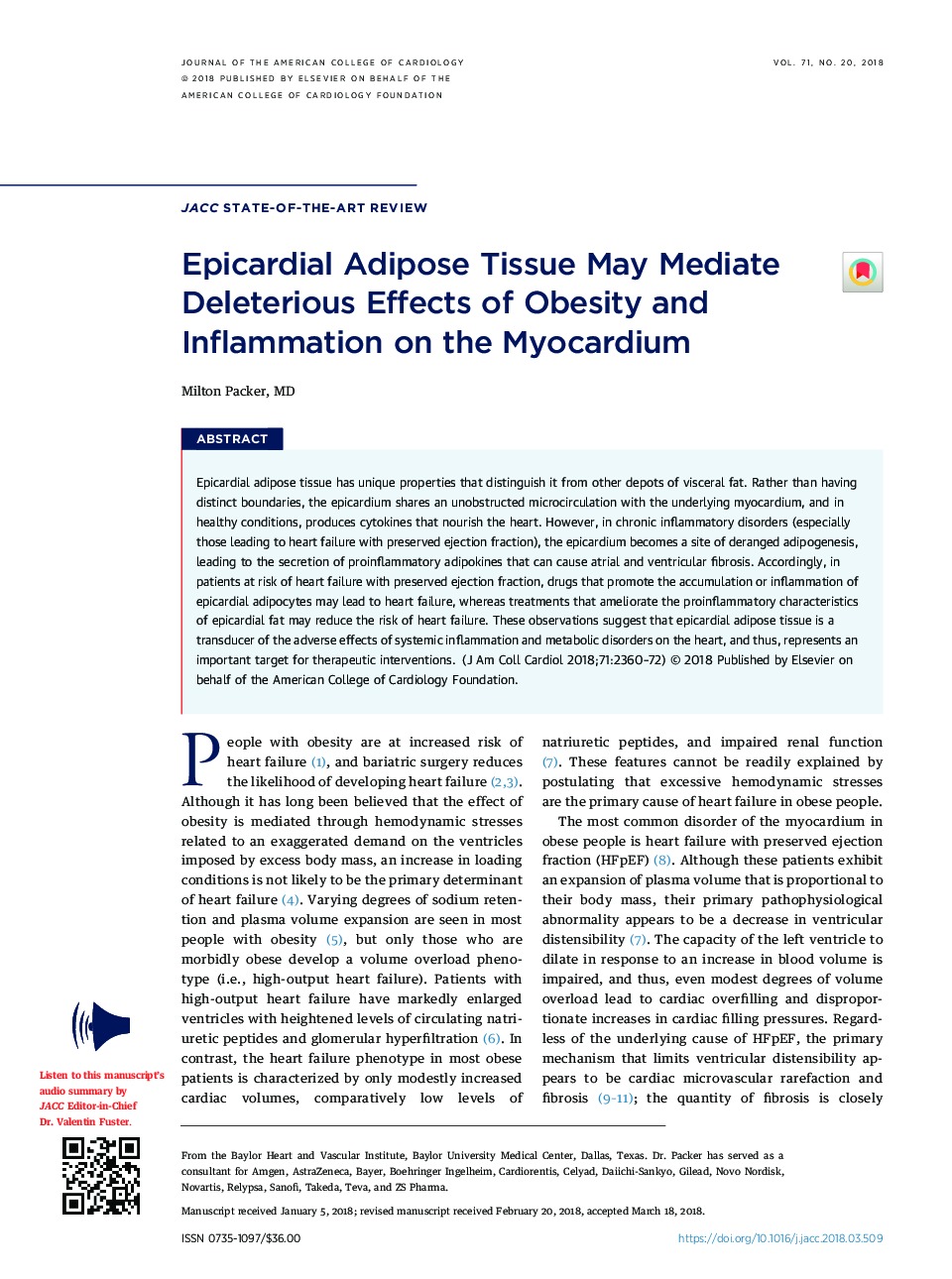 Epicardial Adipose Tissue May Mediate Deleterious Effects of Obesity and Inflammation on the Myocardium