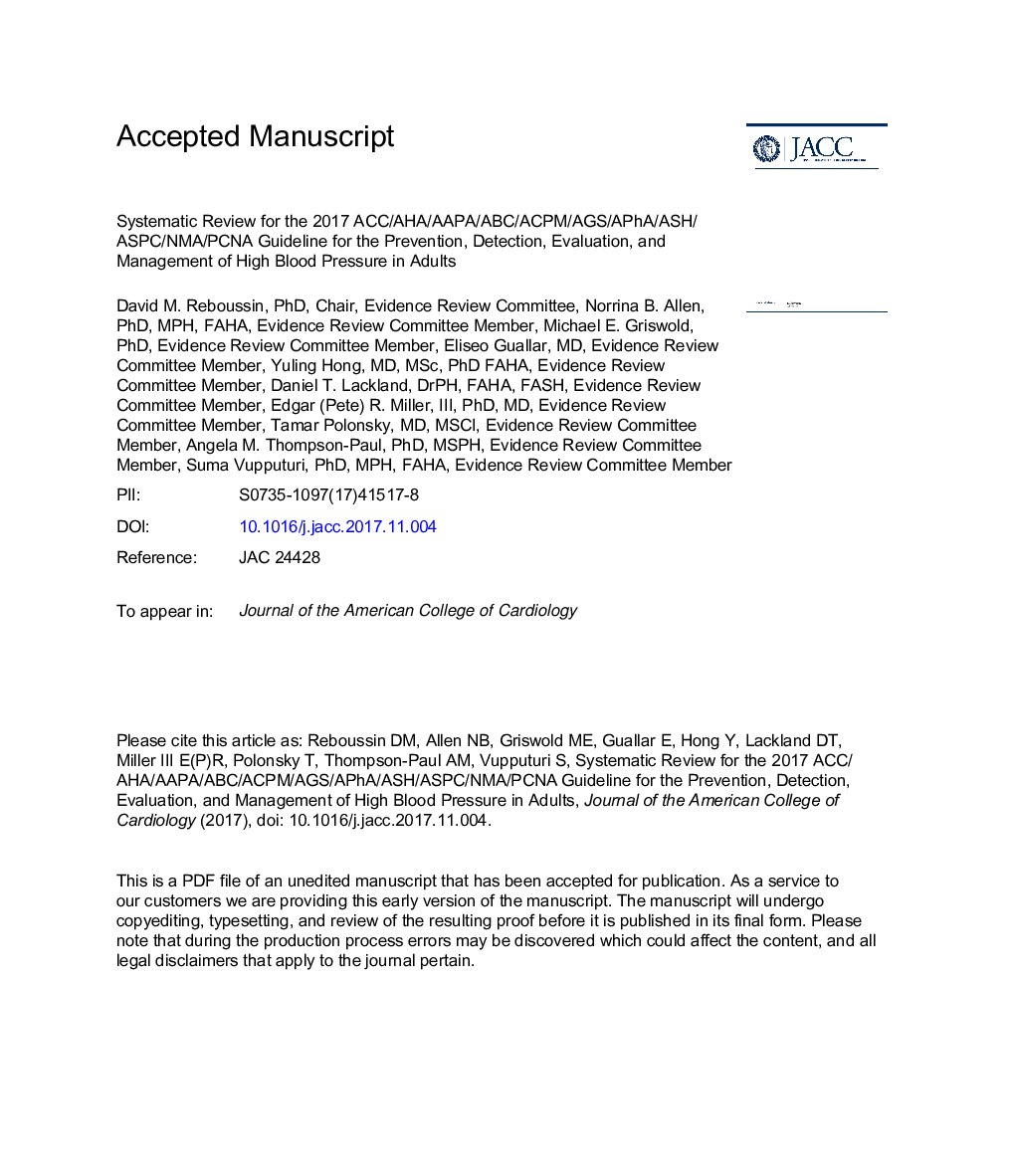 Systematic Review for the 2017 ACC/AHA/AAPA/ABC/ACPM/AGS/APhA/ASH/ASPC/NMA/PCNA Guideline for the Prevention, Detection, Evaluation, and Management of High Blood Pressure in Adults
