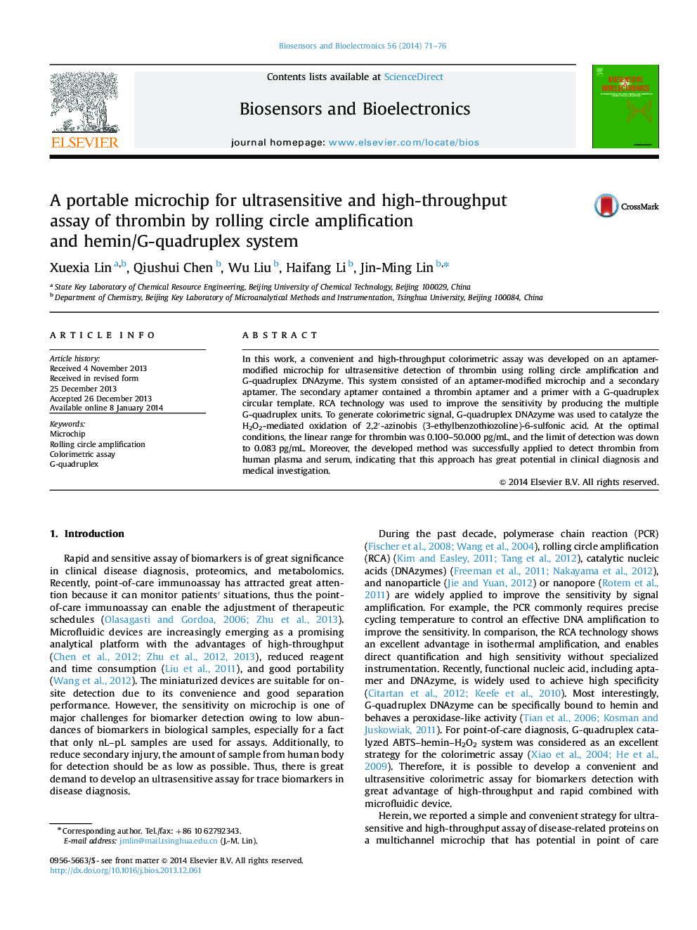 A portable microchip for ultrasensitive and high-throughput assay of thrombin by rolling circle amplification and hemin/G-quadruplex system