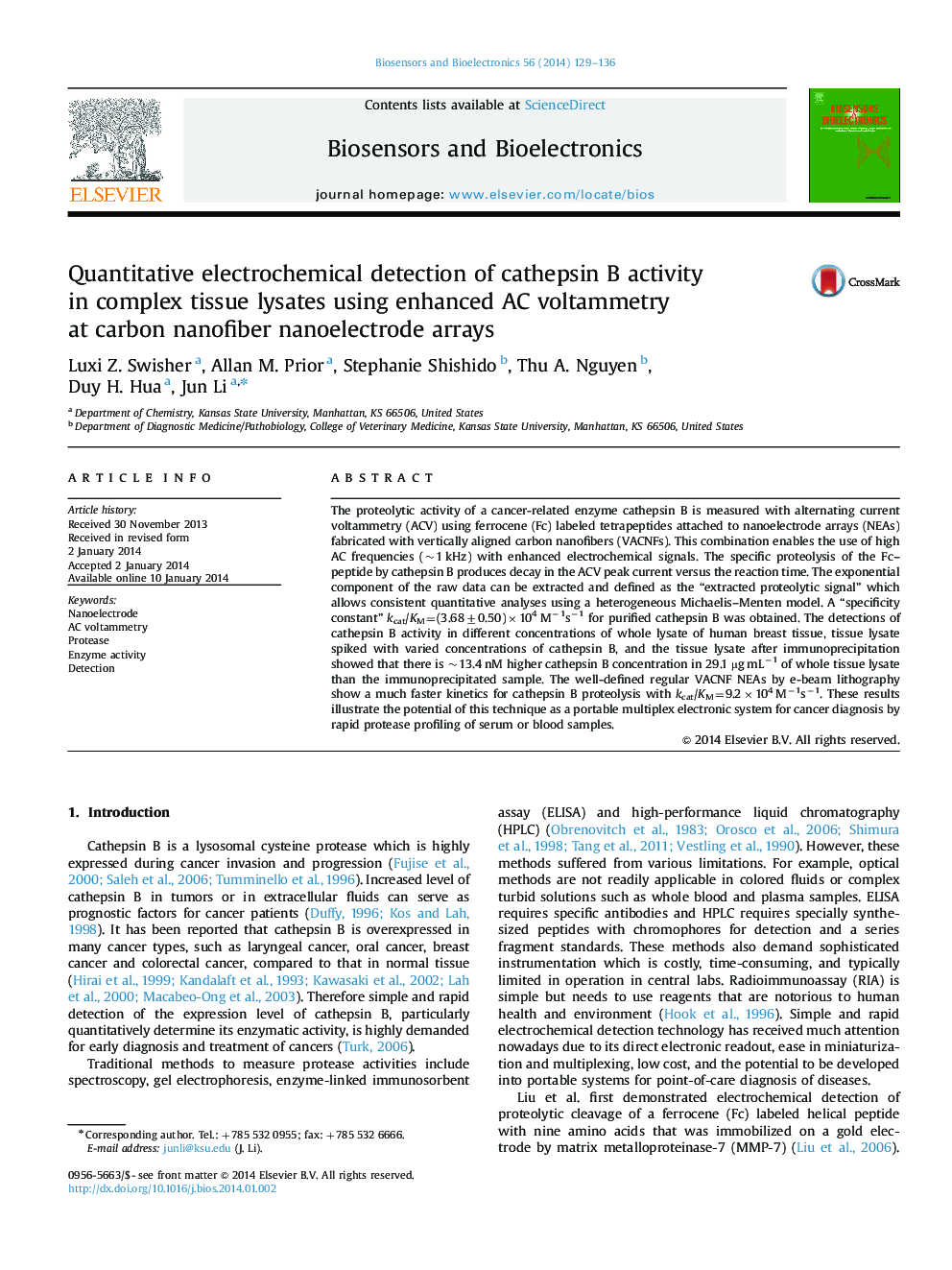 Quantitative electrochemical detection of cathepsin B activity in complex tissue lysates using enhanced AC voltammetry at carbon nanofiber nanoelectrode arrays