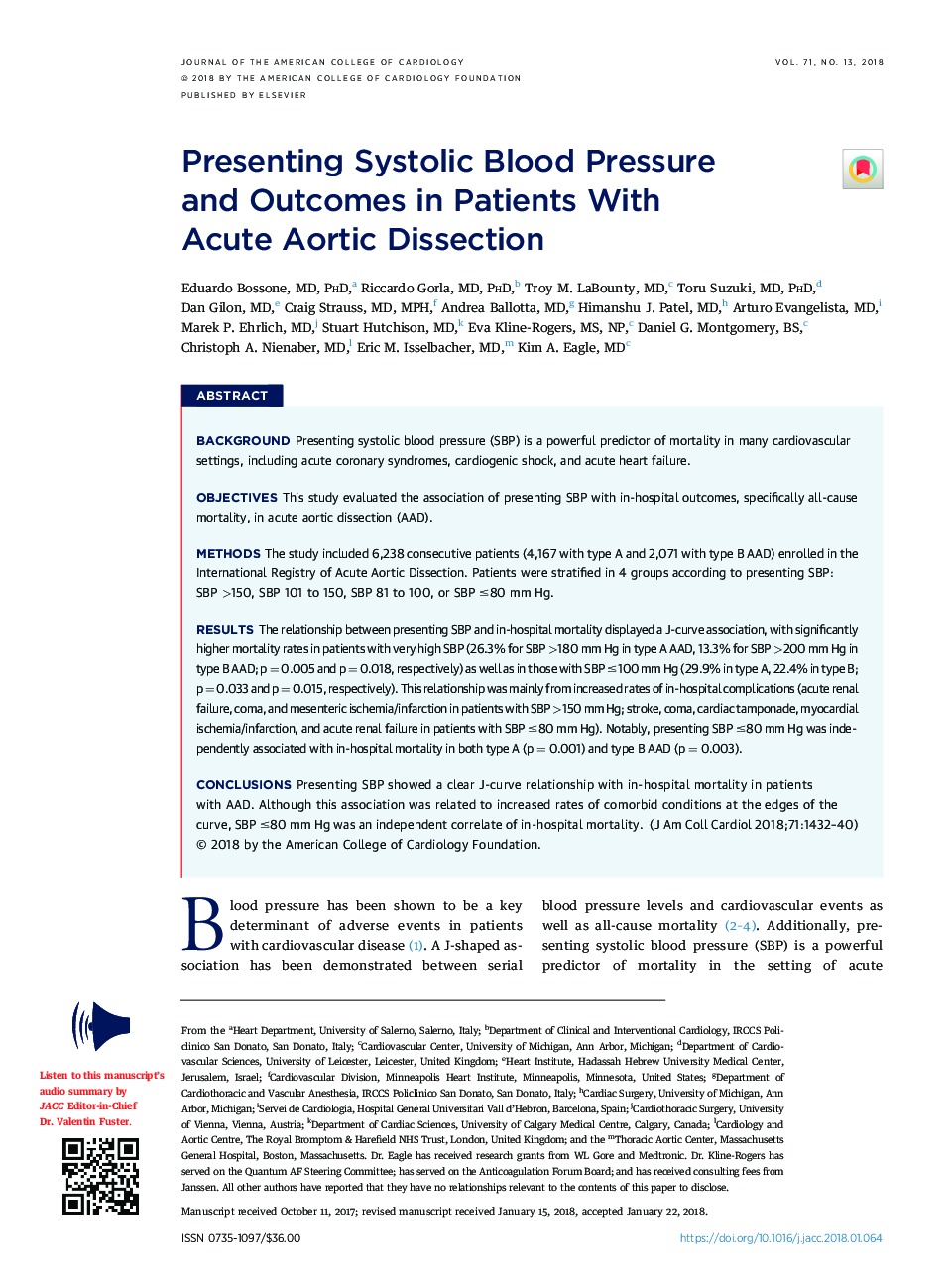 Presenting Systolic Blood Pressure andÂ Outcomes in Patients With AcuteÂ Aortic Dissection