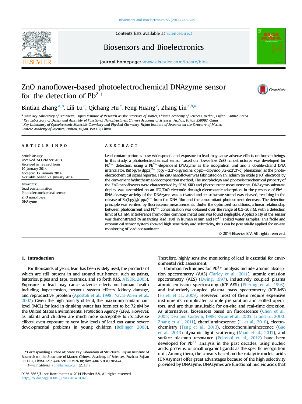 ZnO nanoflower-based photoelectrochemical DNAzyme sensor for the detection of Pb2+