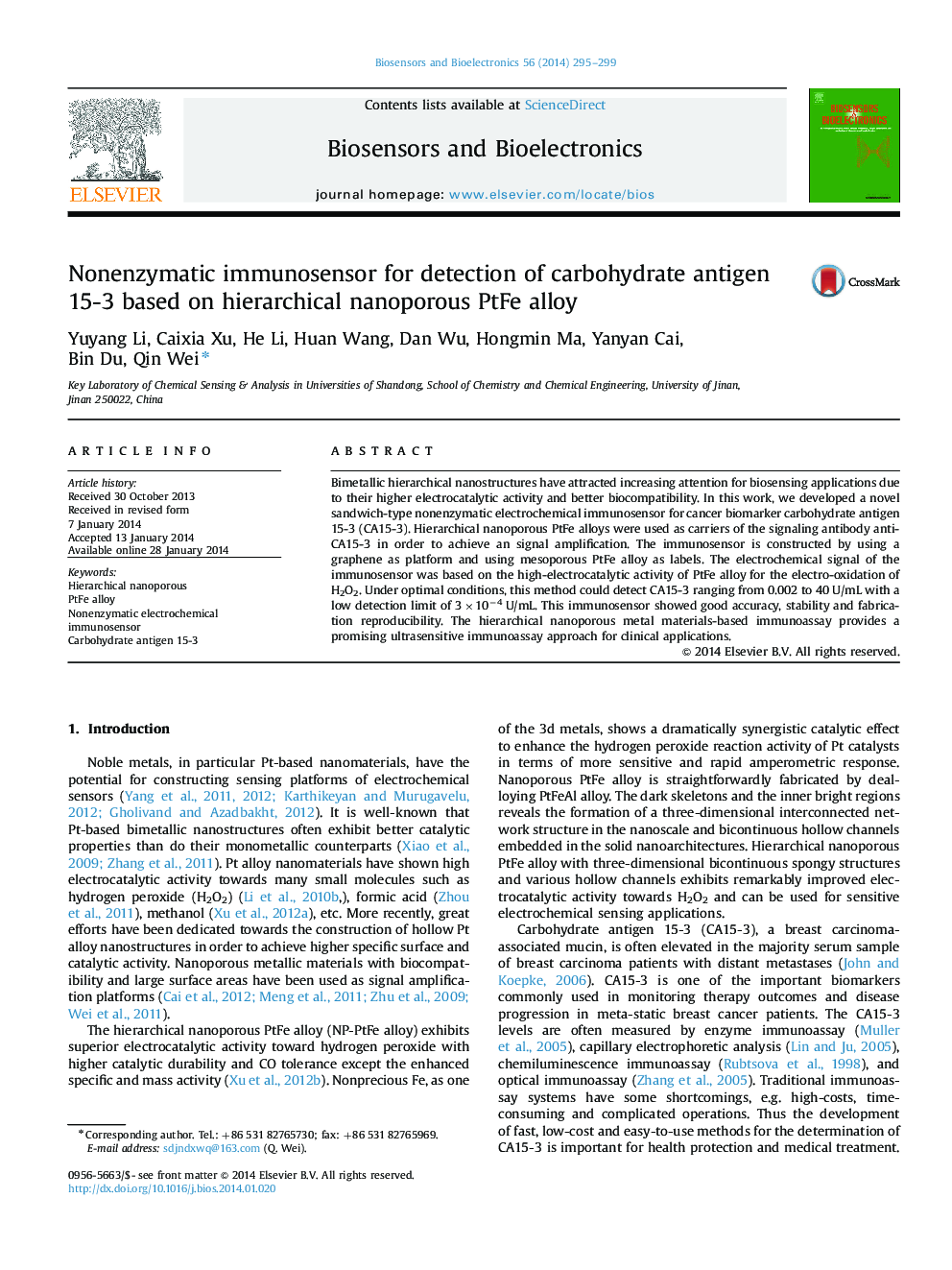 Nonenzymatic immunosensor for detection of carbohydrate antigen 15-3 based on hierarchical nanoporous PtFe alloy