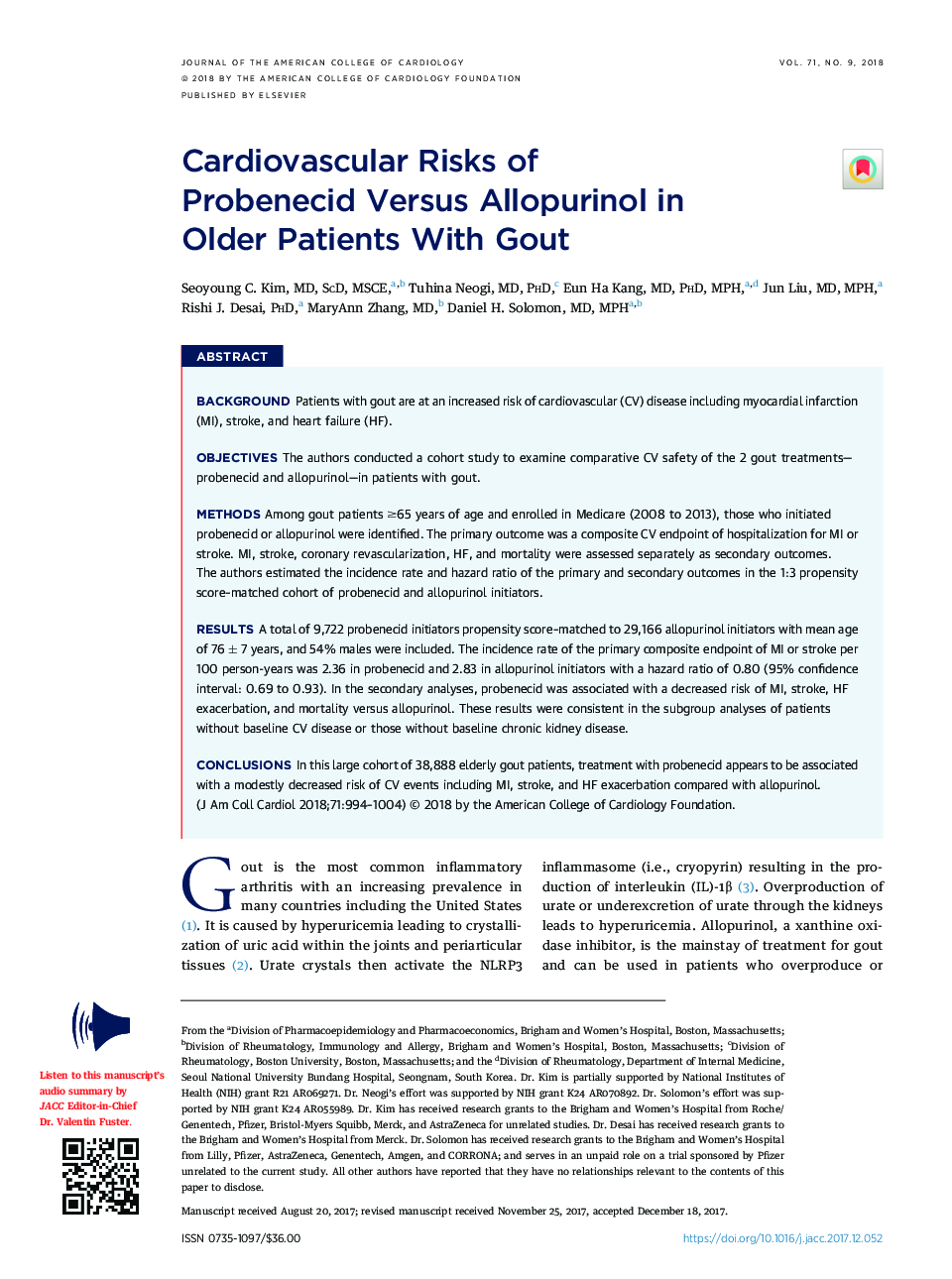 Cardiovascular Risks of ProbenecidÂ Versus Allopurinol in OlderÂ Patients WithÂ Gout