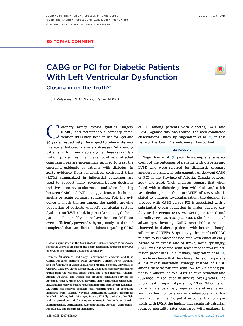 CABG or PCI for Diabetic Patients WithÂ Left Ventricular Dysfunction