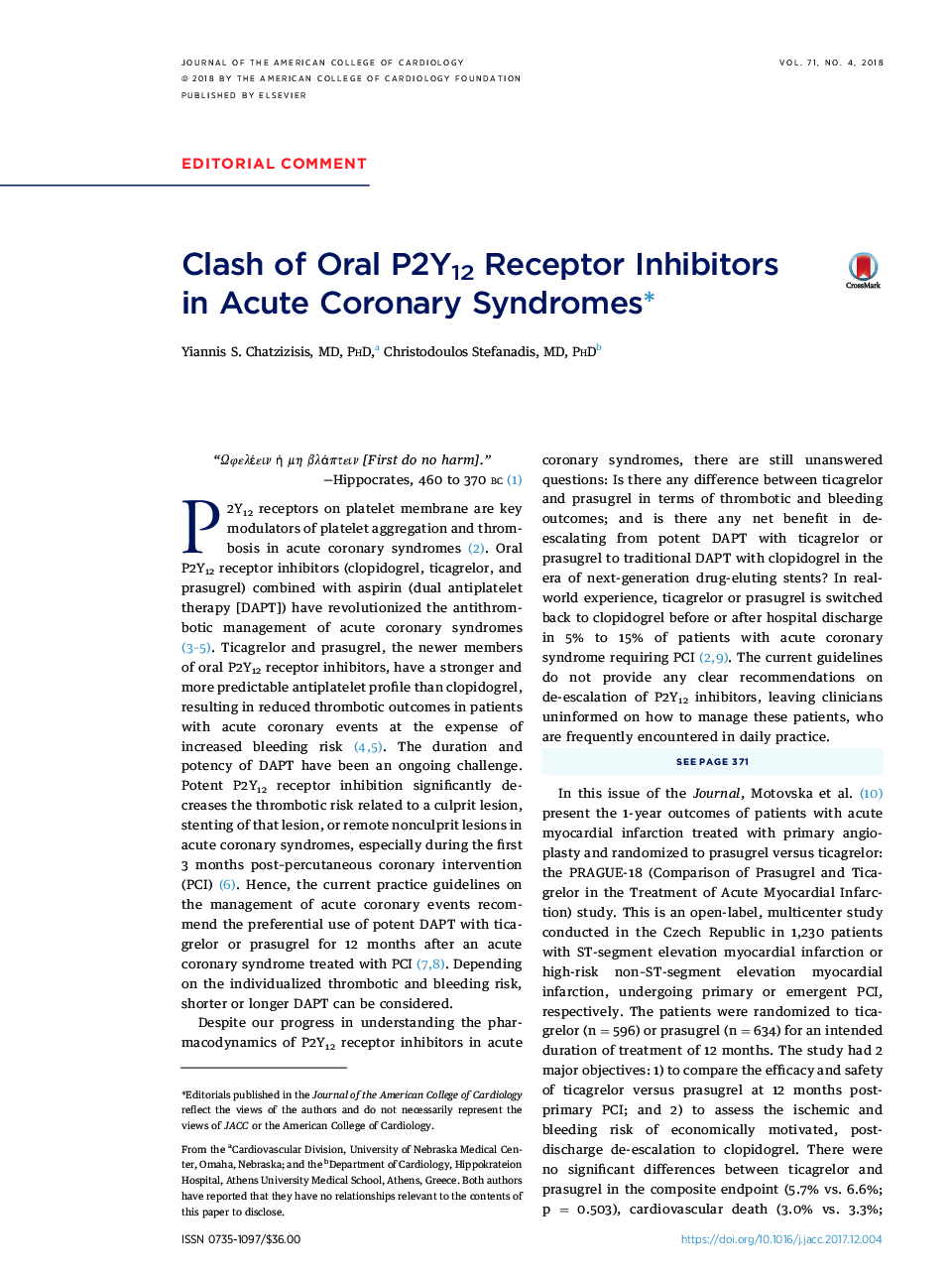 Clash of Oral P2Y12 Receptor Inhibitors inÂ Acute Coronary Syndromesâ