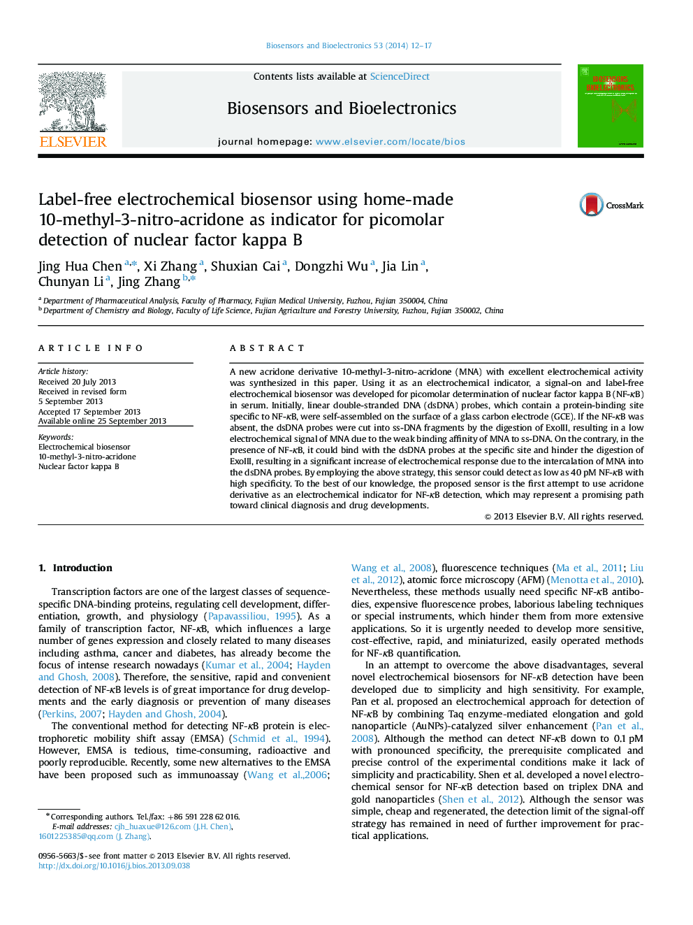 Label-free electrochemical biosensor using home-made 10-methyl-3-nitro-acridone as indicator for picomolar detection of nuclear factor kappa B