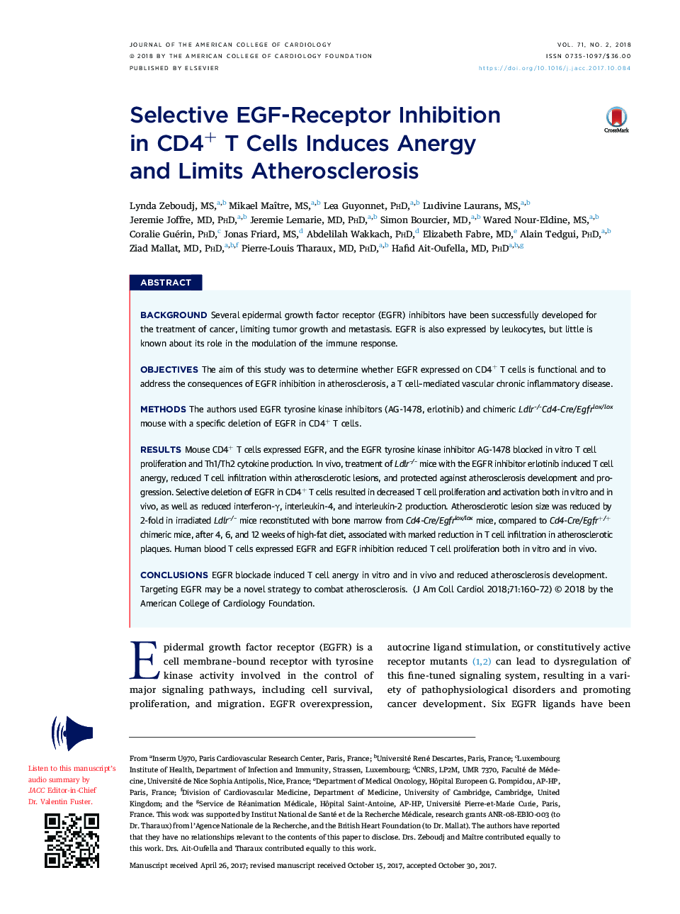 Selective EGF-Receptor Inhibition inÂ CD4+Â TÂ Cells Induces Anergy andÂ LimitsÂ Atherosclerosis