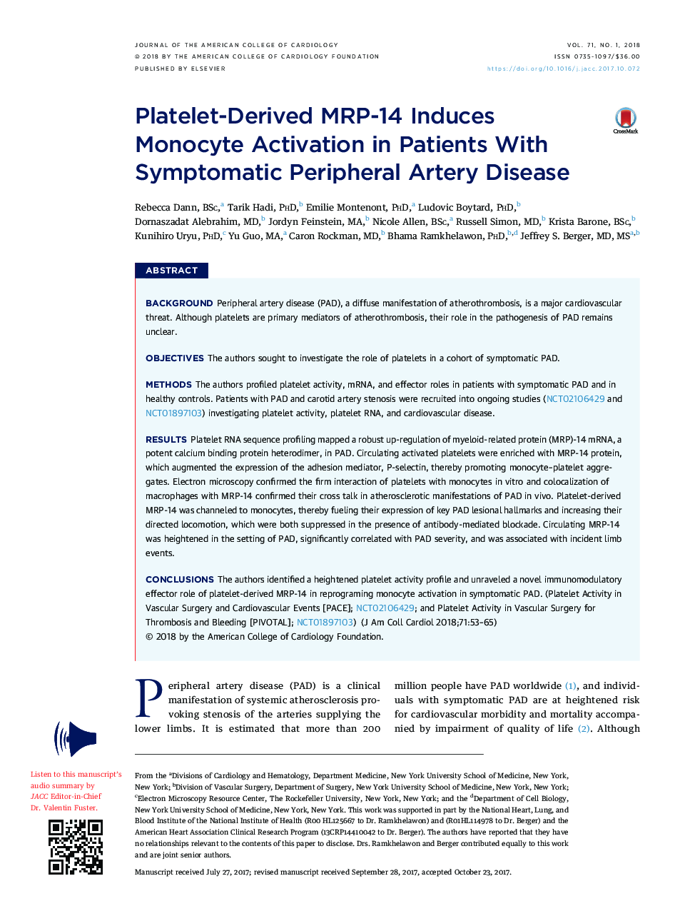Platelet-Derived MRP-14 Induces Monocyte Activation in Patients With Symptomatic Peripheral Artery Disease