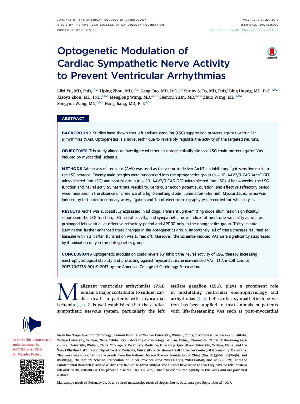 Optogenetic Modulation of CardiacÂ Sympathetic Nerve Activity toÂ Prevent VentricularÂ Arrhythmias