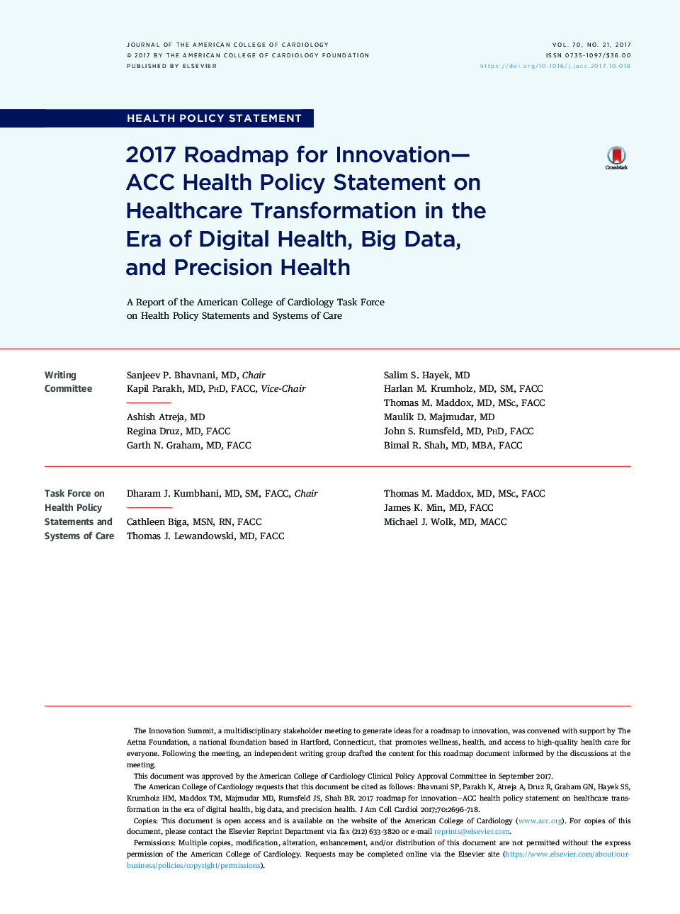 2017 Roadmap for Innovation-ACCÂ Health Policy Statement on Healthcare Transformation in the EraÂ of Digital Health, Big Data, andÂ Precision Health