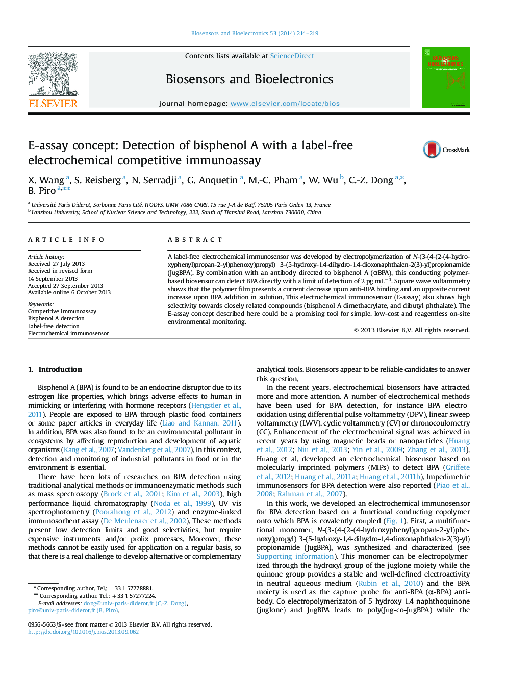 E-assay concept: Detection of bisphenol A with a label-free electrochemical competitive immunoassay