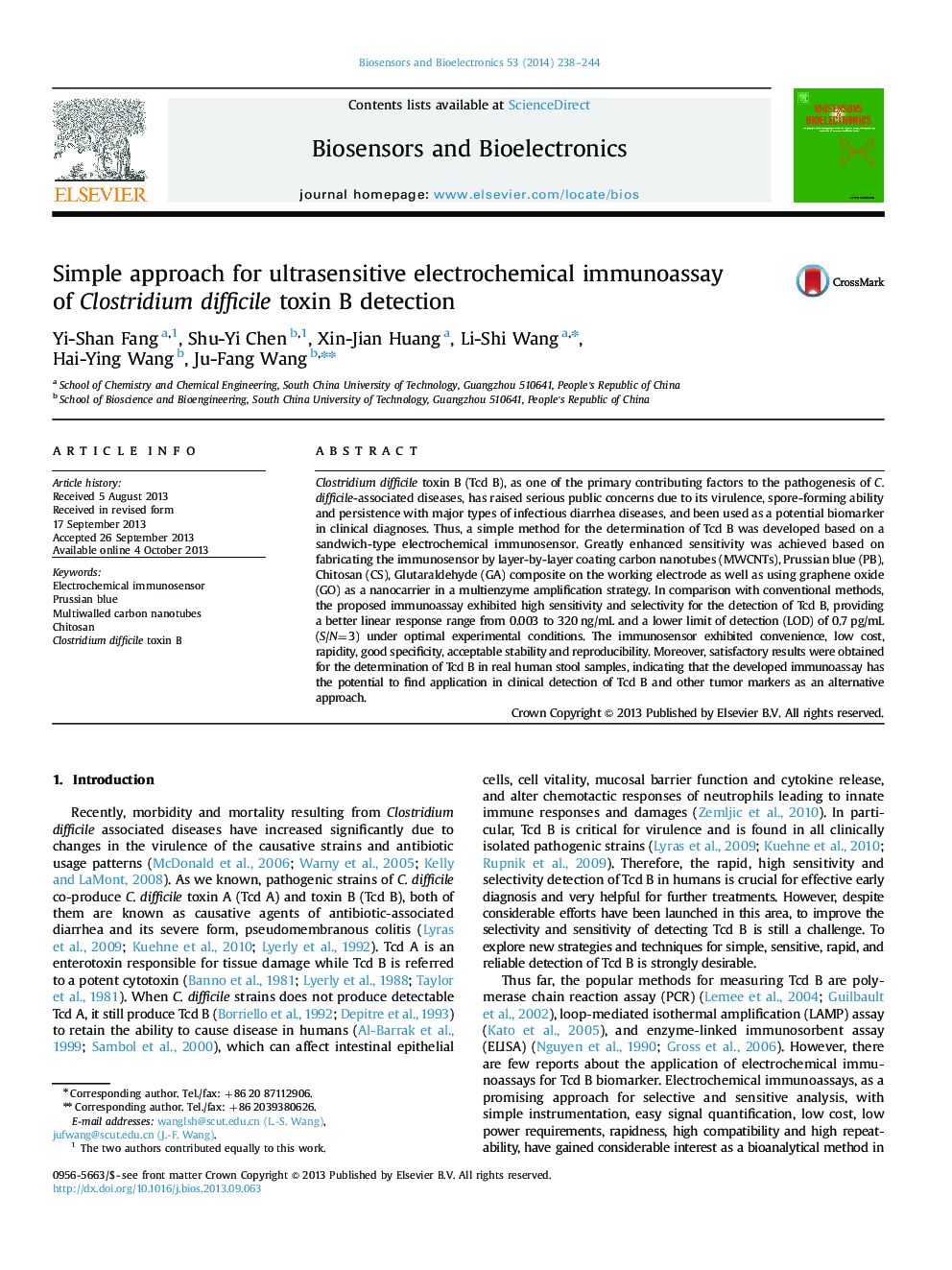 Simple approach for ultrasensitive electrochemical immunoassay of Clostridium difficile toxin B detection