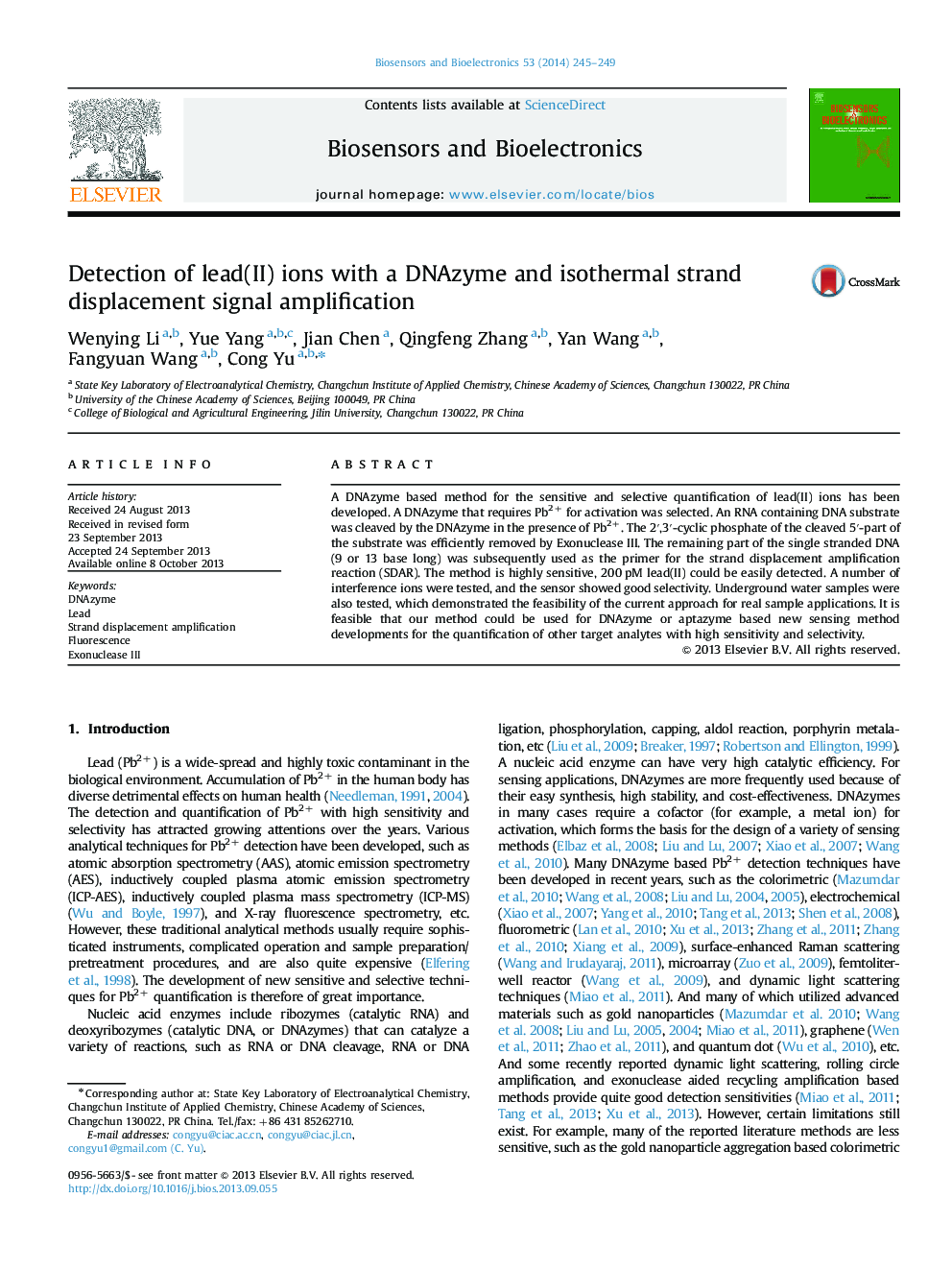 عکس صفحه اول مقاله: Detection of lead(II) ions with a DNAzyme and isothermal strand displacement signal amplification Detection of lead(II) ions with a DNAzyme and isothermal strand displacement signal amplification