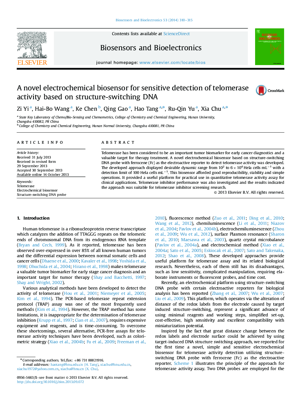 A novel electrochemical biosensor for sensitive detection of telomerase activity based on structure-switching DNA