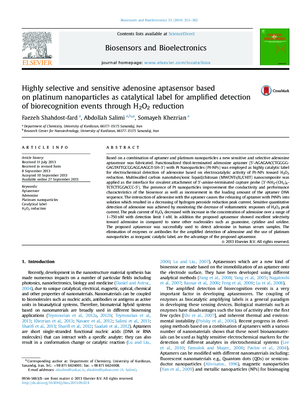 Highly selective and sensitive adenosine aptasensor based on platinum nanoparticles as catalytical label for amplified detection of biorecognition events through H2O2 reduction