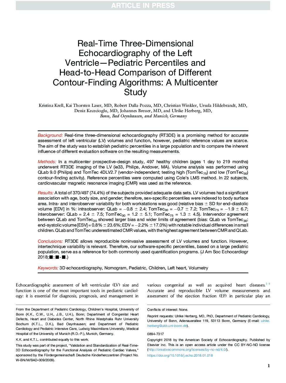 Real-Time Three-Dimensional Echocardiography of the Left Ventricle-Pediatric Percentiles and Head-to-Head Comparison of Different Contour-Finding Algorithms: A Multicenter Study