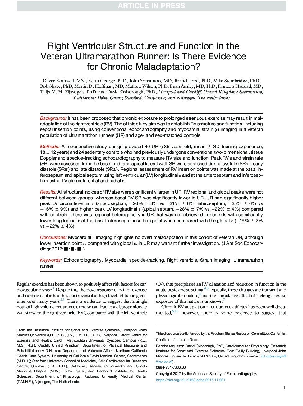 Right Ventricular Structure and Function in the Veteran Ultramarathon Runner: Is There Evidence for Chronic Maladaptation?