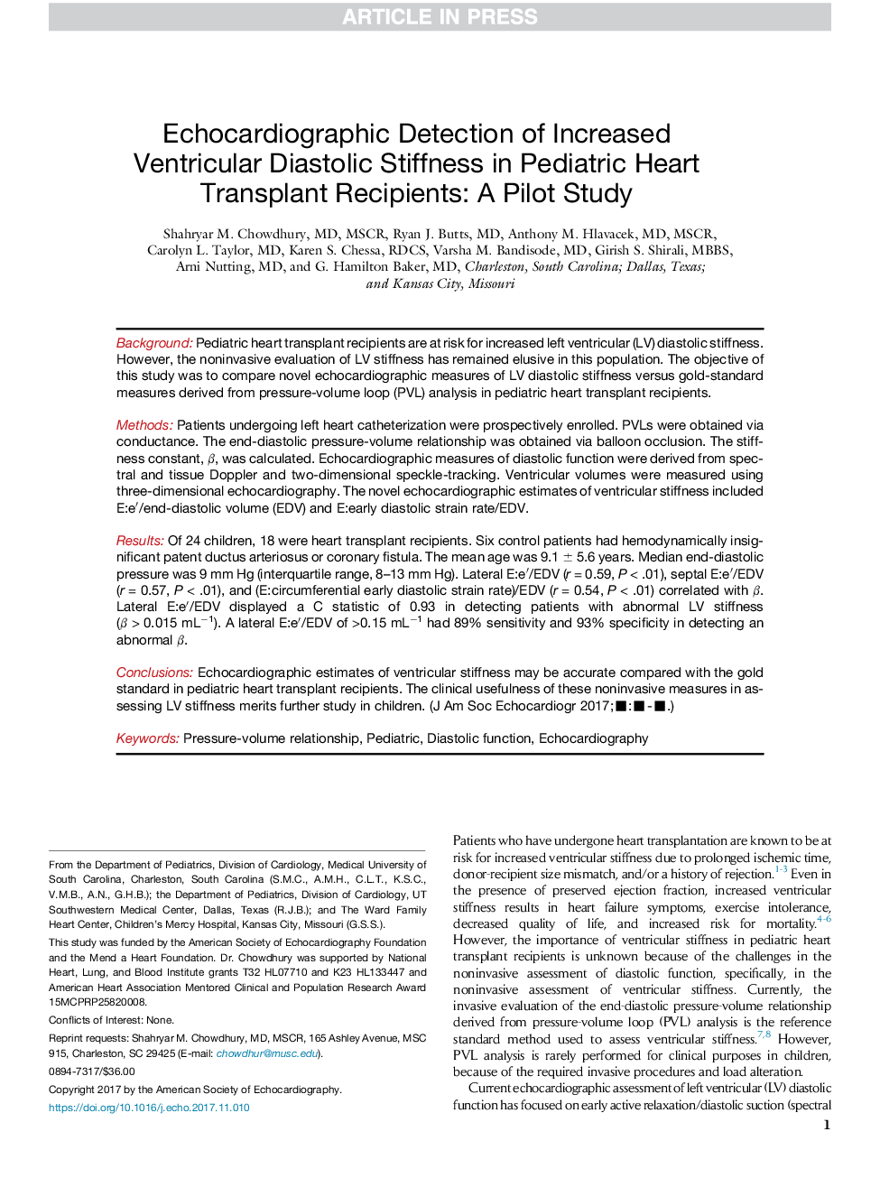 تشخیص اکوکاردیوگرافی افزایش استحکام دیاستولیک بطنی در گیرنده های پیوند قلب کودکان: یک مطالعه خلبان 