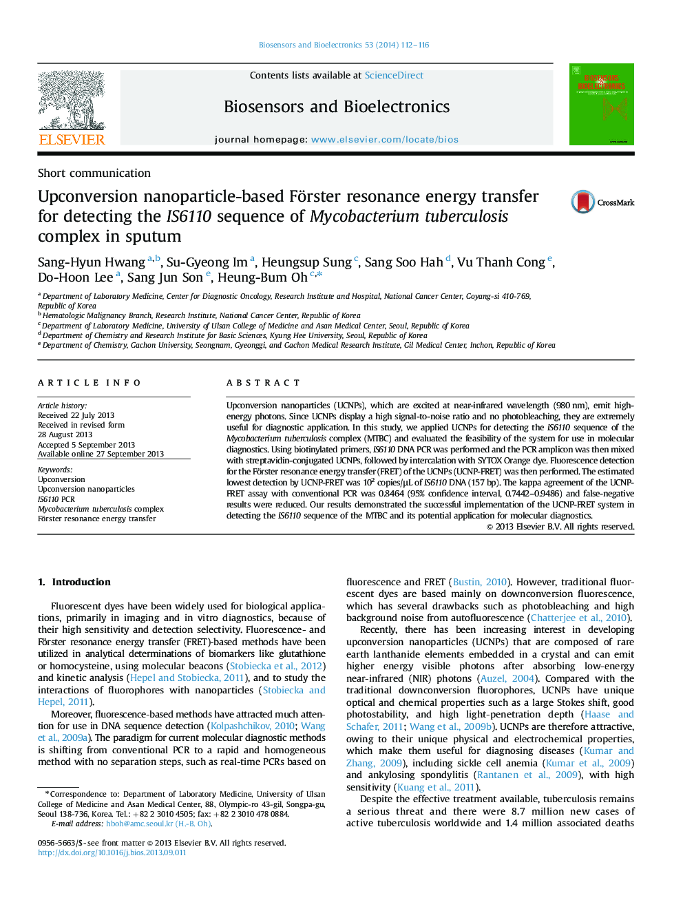 Upconversion nanoparticle-based Förster resonance energy transfer for detecting the IS6110 sequence of Mycobacterium tuberculosis complex in sputum