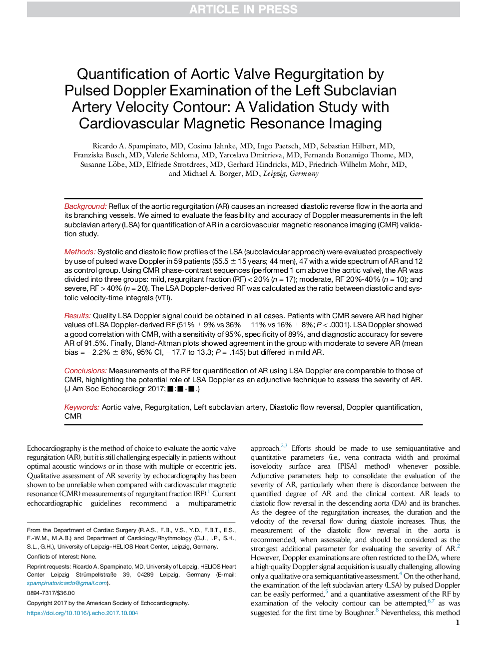 Quantification of Aortic Valve Regurgitation by Pulsed Doppler Examination of the Left Subclavian Artery Velocity Contour: A Validation Study with Cardiovascular Magnetic Resonance Imaging