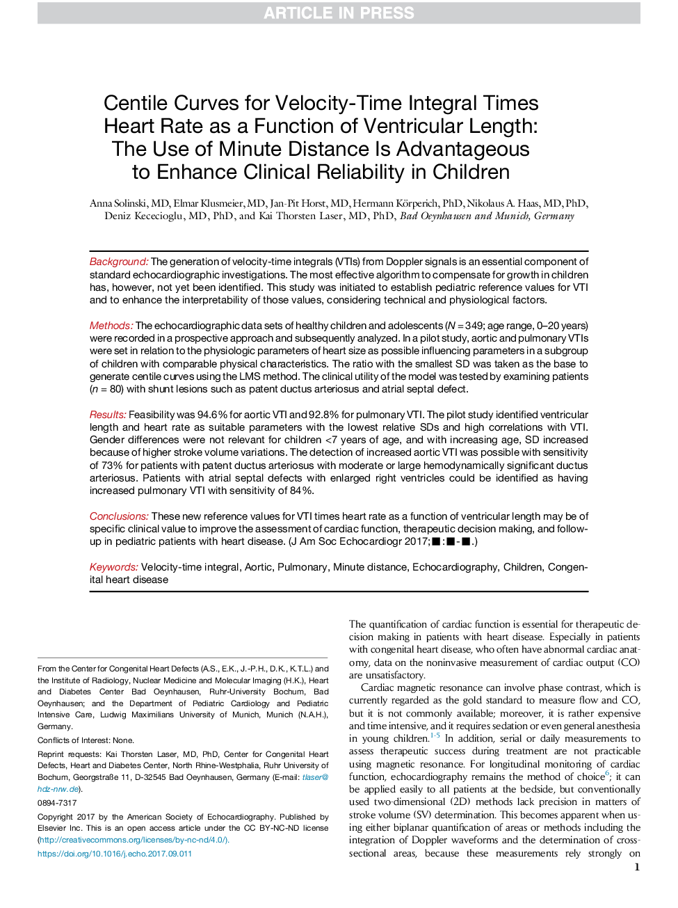 Centile Curves for Velocity-Time Integral Times Heart Rate as a Function of Ventricular Length: TheÂ Use of Minute Distance Is Advantageous toÂ Enhance Clinical Reliability in Children