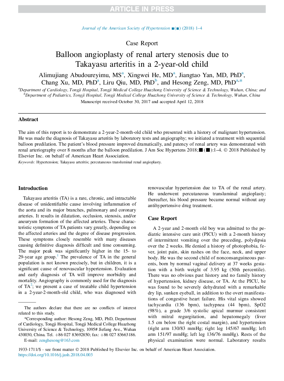 آنژیوپلاستی بالون از تنگی شرایین کلیه به علت آتریتی تاکیوسو در یک کودک 2 ساله 