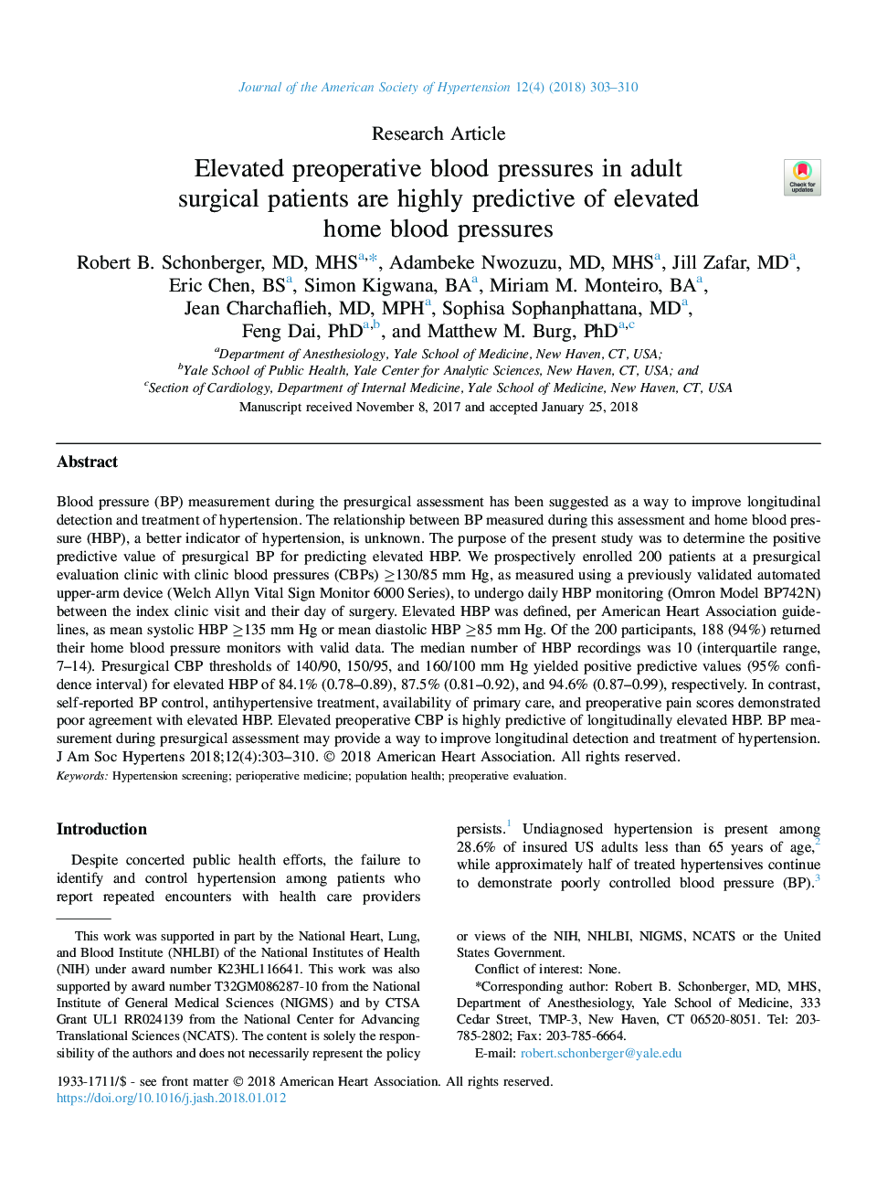 Elevated preoperative blood pressures in adult surgical patients are highly predictive of elevated home blood pressures