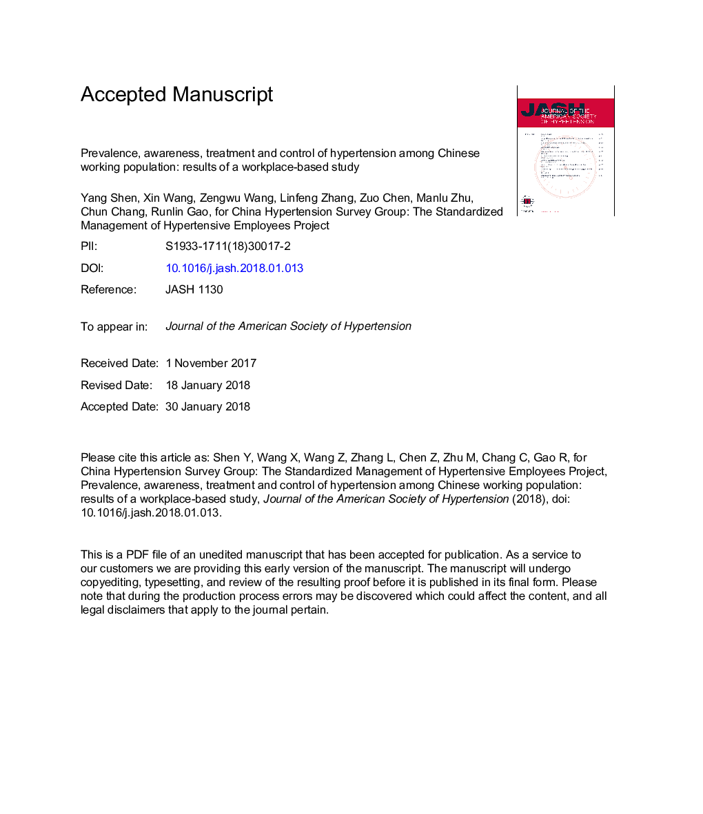 Prevalence, awareness, treatment, and control of hypertension among Chinese working population: results of a workplace-based study