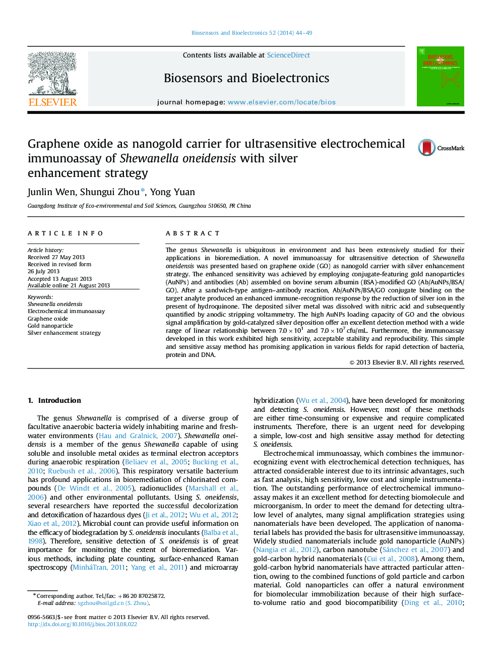 Graphene oxide as nanogold carrier for ultrasensitive electrochemical immunoassay of Shewanella oneidensis with silver enhancement strategy