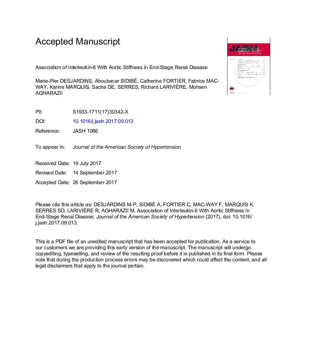 Association of interleukin-6 with aortic stiffness inÂ end-stage renal disease