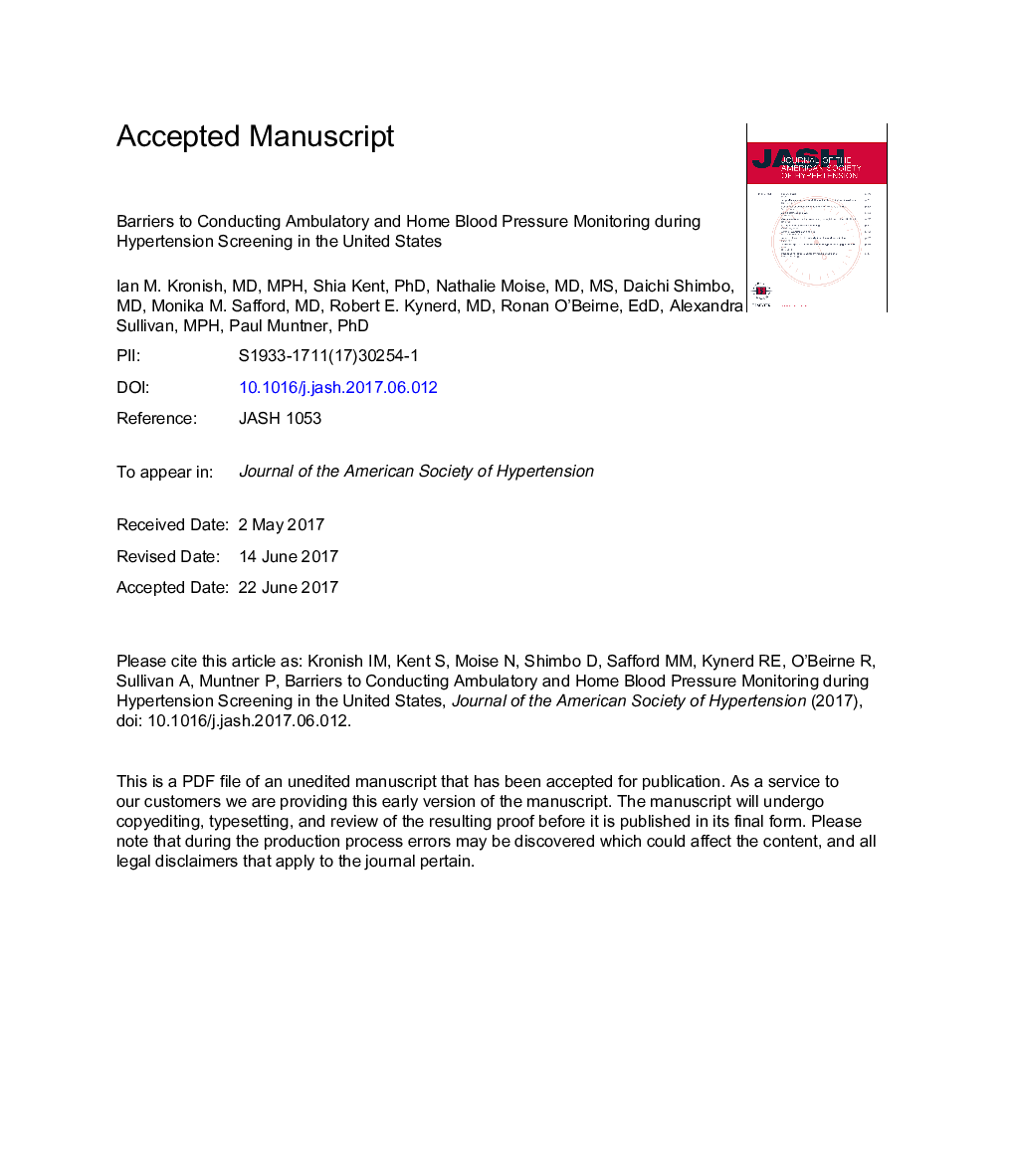 Barriers to conducting ambulatory and home blood pressure monitoring during hypertension screening in the United States