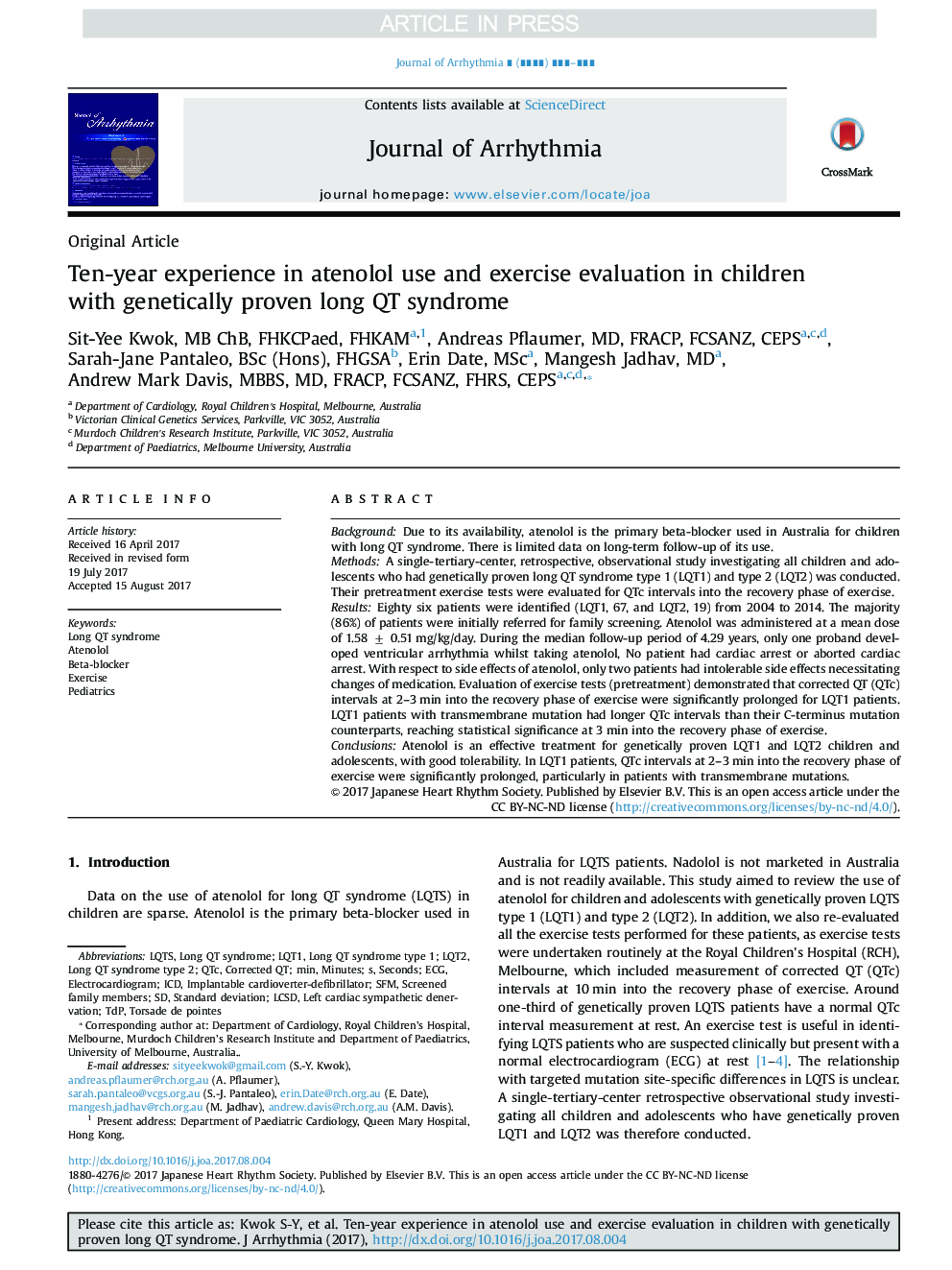 Ten-year experience in atenolol use and exercise evaluation in children with genetically proven long QT syndrome
