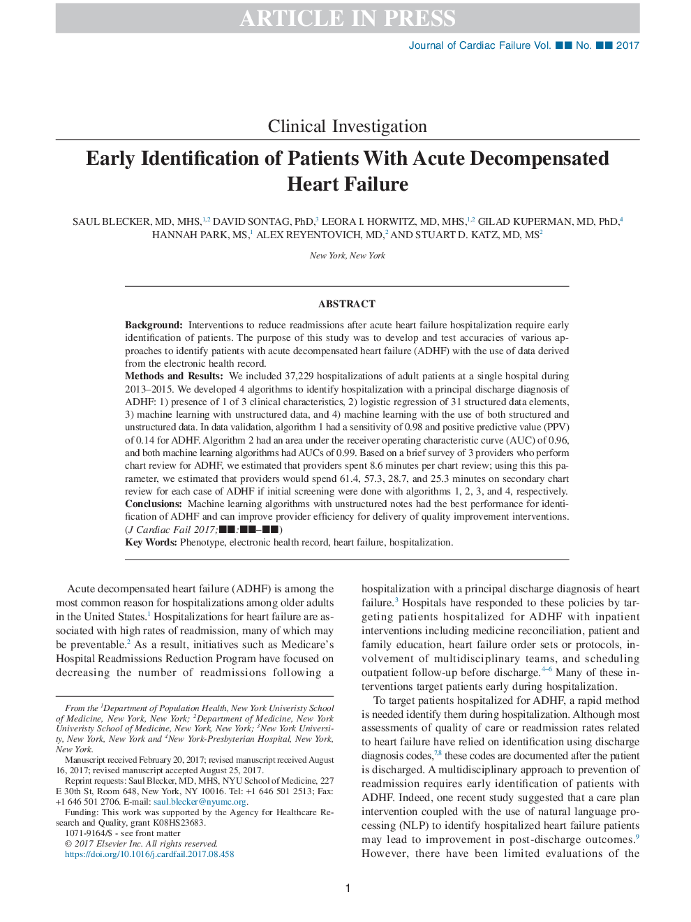 Early Identification of Patients With Acute Decompensated Heart Failure