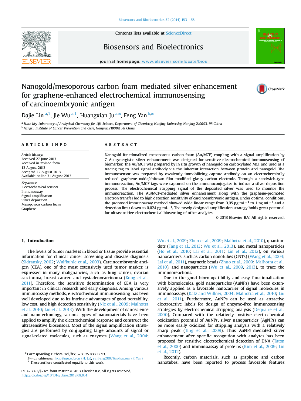 Nanogold/mesoporous carbon foam-mediated silver enhancement for graphene-enhanced electrochemical immunosensing of carcinoembryonic antigen