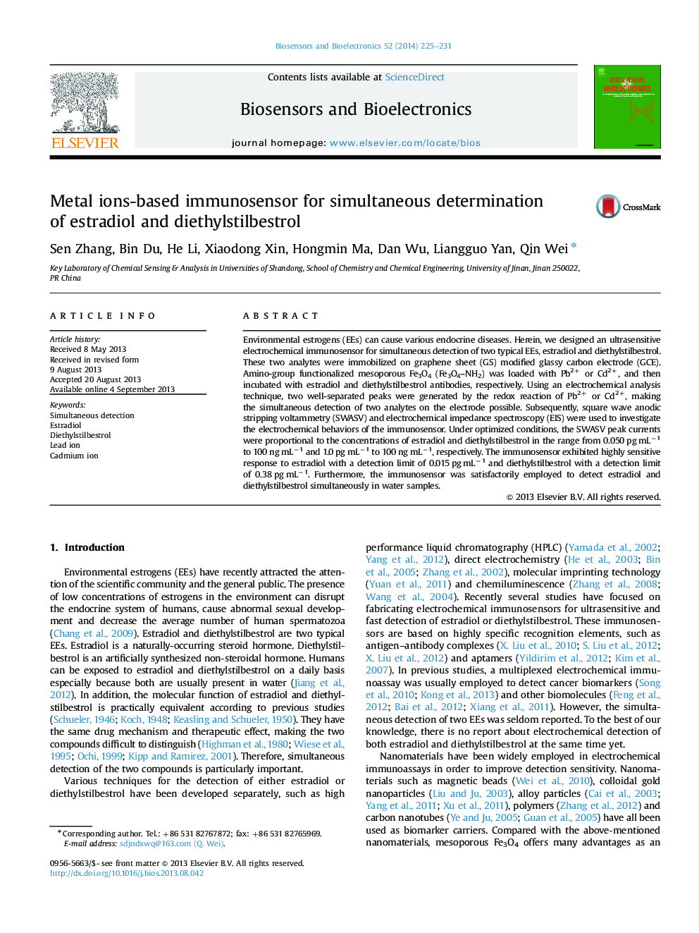 Metal ions-based immunosensor for simultaneous determination of estradiol and diethylstilbestrol