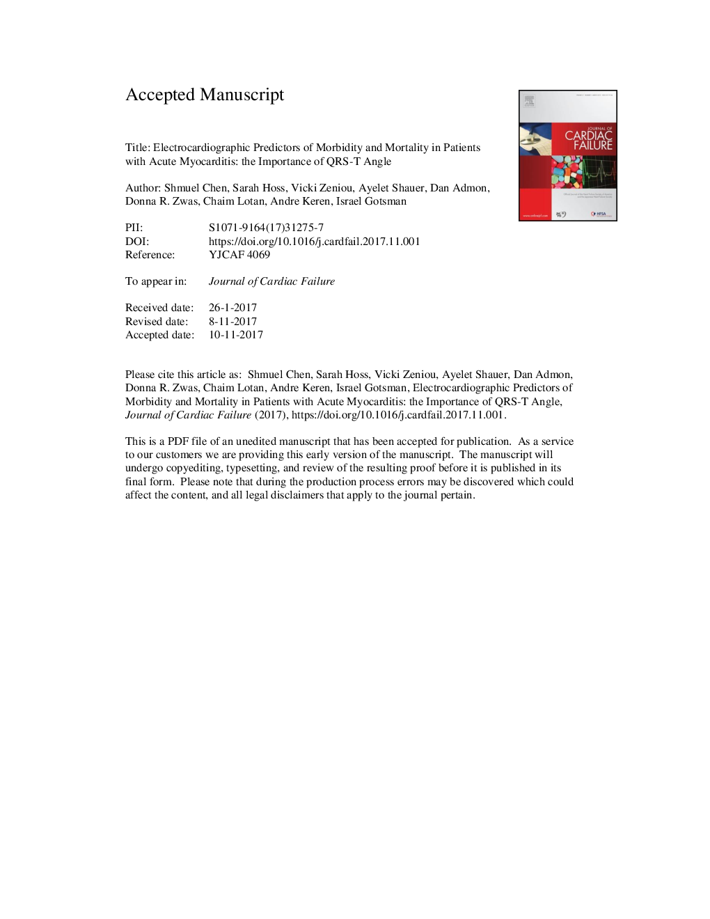 Electrocardiographic Predictors of Morbidity and Mortality in Patients With Acute Myocarditis: The Importance of QRS-T Angle